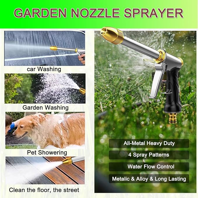 Heavy Duty Garden Hose Nozzle with Adjustable Brass Spray Tip | Heavy duty metal hose nozzle with adjustable spray, quick connect and comfort grip for watering,pet,car washing,cleaning.