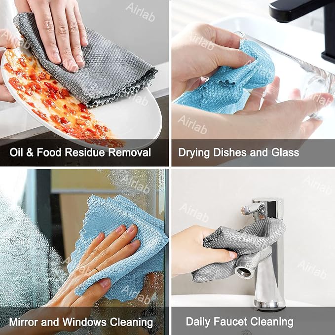 Airlab Glass Polishing Streak Free Miracle Cleaning Cloth, Grey & Blue | Lint Free Microfiber Cleaning Rags for Glasses Kitchen Dish Mirrors Easy Clean, 16 x 12 Inches, Pack of 8