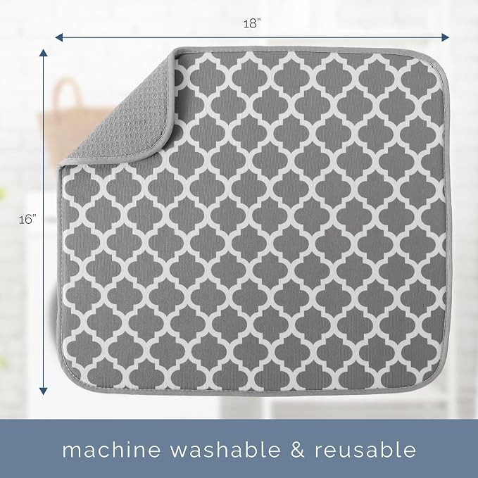 S&T INC. Dish Drying Mat, 16” x 18”, Absorbent Microfiber Kitchen Counter Mat, Dish Drying Pad for Dishes, Utensils, Pots and Pans, Large, White Trellis
