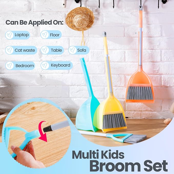 Roshtia 3 Pcs Mini Broom with Dustpan for Kids Broom and Dustpan Set Toddler Cleaning Set Boys Girls Small Cleaning for Kitchen Bathroom Pet (Yellow,Red,Green)