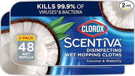 Clorox Scentiva Disinfecting Wet Mop Pad, Disposable Mop Heads, Coconut and Waterlily, 2 Packs, 24 Wet Refills Per Pack (Package May Vary)