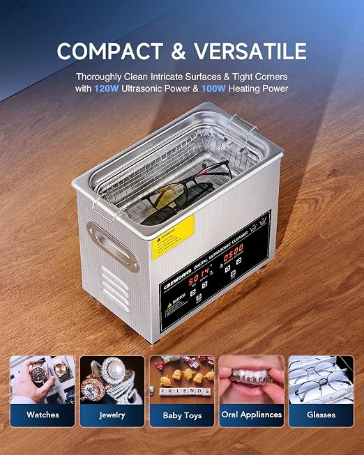 CREWORKS 3L Ultrasonic Cleaner, 0.8 gal Digital Sonic Cavitation Machine, 120W Stainless Steel Professional Jewelry Cleaner for Cleaning Tool Watch Glasses Retainer Denture Parts with Heater & Timer