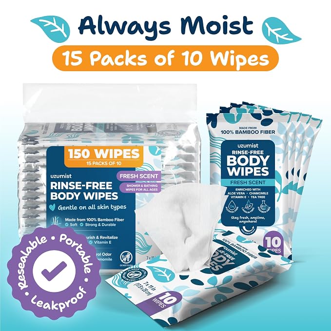 Body Wipes For Adults Bathing No Rinse - 150XL Thick Shower Wipes For Adults No Rinse, 15 Packs of 10 Adult Wipes for Men, Women, Personal Cleansing, Daily Hygiene, Bedridden & Elderly Care, Travel