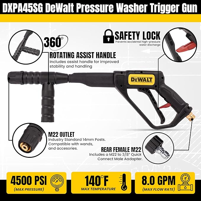 DXPA45SG OEM Trigger Gun with Assist Handle and Quick Connect Adapter 8 GPM, 4500 PSI, Rear M22 Inlet and Outlet, Compatible with Simpson, DeWalt, ExCell, Craftsman, and other Major Brands
