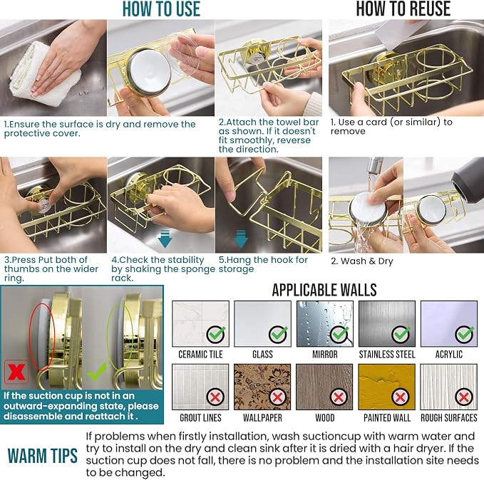 TAILI 4-in-1 Sponge Holder for Kitchen Sink with Strong Suction Cup Removable, Rustproof Stainless Steel Sink Caddy for Sponge, Brush, Scrubber, Scraper -Gold