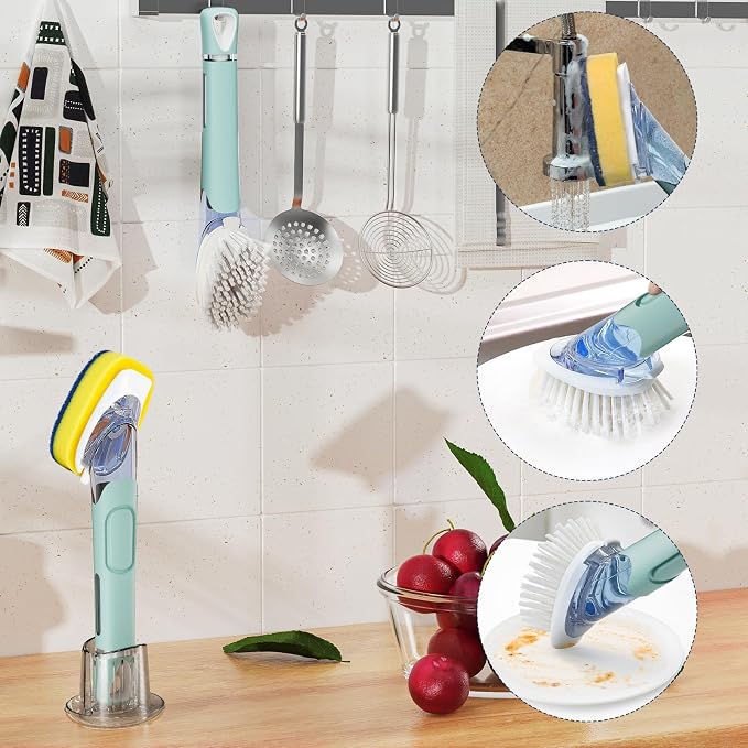 RIMAY Dish Brush Set with Soap Dispenser, 2 Refills and Storage Holder | Soap Dispensing Dish Brush dish scrubber with handle for Cleaning Dishes, Pans, Sink, Pots, Blue