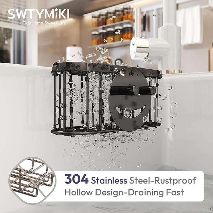 SWTYMIKI Sponge Holder for Kitchen Sink - Movable Sink Caddy with Smiley Face Sponge Holder, Rustproof Hanging Sponge Organizer in Double Bowl Sinks Depth>3.15in, Middle Divider<1.5in, Black