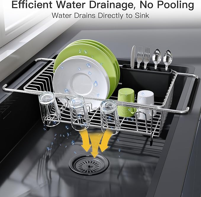 JASIWAY Dish Drying Rack in Sink with Mat, Expandable Stainless Steel Dish Drainers for Kitchen Counter, Space Saving Dish Dryer Rack for Inside Sink, Over Sink Dish Racks with Utensil Holder