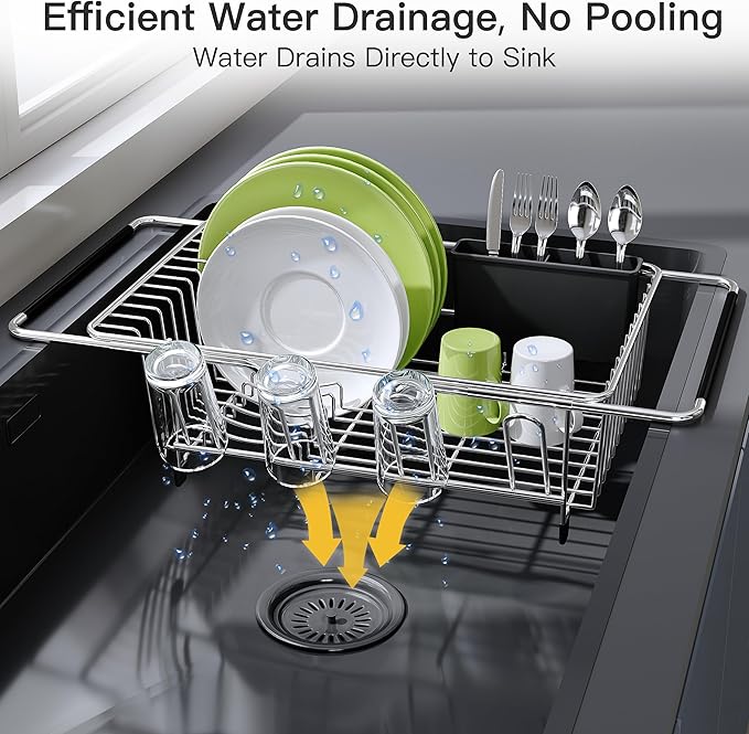 JASIWAY Dish Drying Rack in Sink, Expandable Stainless Steel Dish Drainers for Kitchen Counter, Dish Dryer Rack for Inside Sink, Over The Sink Dish Racks with Utensil Holder, Silver