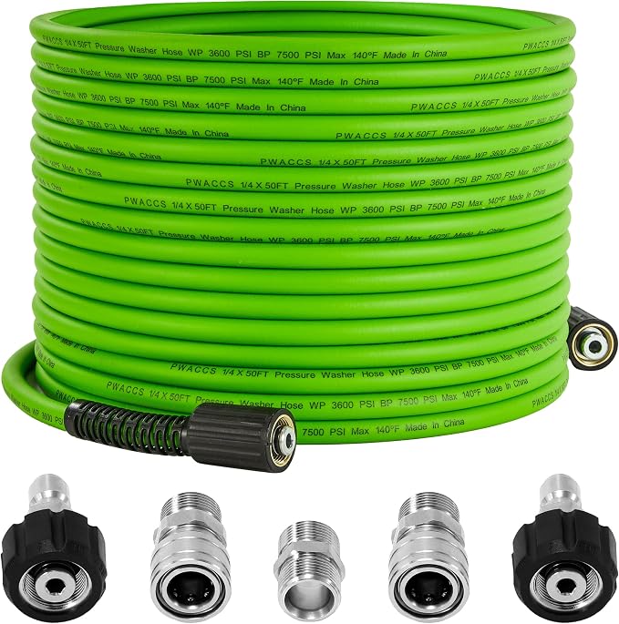 PWACCS Pressure Washer Hose 50 FT x 1/4", Power Washer Hose Kink Resistant | Universal High-Pressure Washing Extension Hoses Replacement, Compatible with M22 Stainless Steel Fittings, 3600 PSI, Green