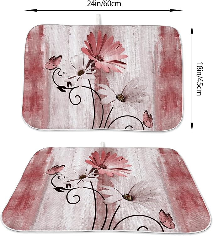 Floral Dish Drying Mat 18x24 Inches For Kitchen Counter Pink Daisy Flower Kitchen Decoration Drying Mat Modern Decorative Drying Pad For Home Kitchen Decor,Dining Room,Office Decoration