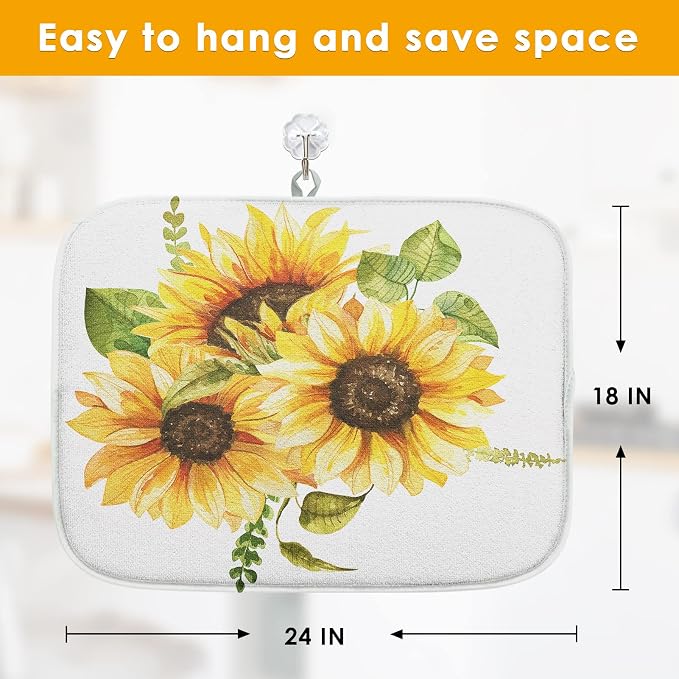 Sanwarm Absorbent Dish Drying Mat, Bouquet Daisy Flower Sun Sunflowers Microfiber Pad for Kitchen Counter, Coffee Bar Decor, Heat Resistant and Reversible, 18" x 24"