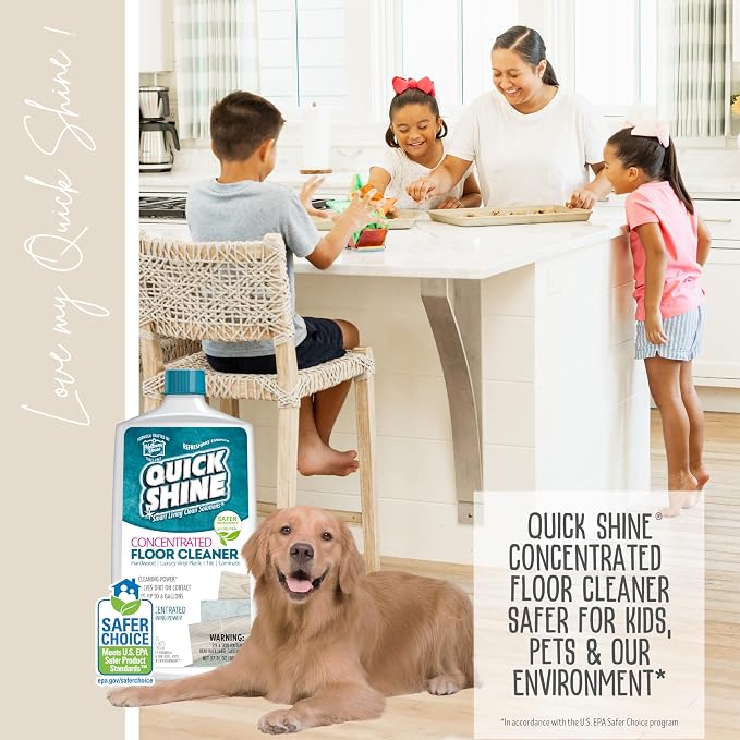 Quick Shine Multi Surface Concentrated Floor Cleaner 27oz Use on Hardwood, Laminate, Luxury Vinyl Plank LVT, Tile & Stone Dirt Dissolving & Powerful Cleaning Makes 27 Gallons | Makes up to 6 Gallons, Refreshing Essence, pH Neutral, No Rinse, PFAS & Amm...