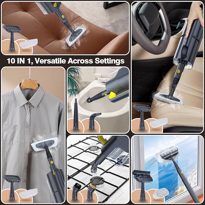10-in-1 Steam Cleaner, Detachable Handheld Steam Mop for Multi-Surface | Quick 10s Heat, 350ml Water Tank and 2-Level Steamer for Cleaning Floor, Window, Carpet, BBQ Grill, Tile, Sofa, Car and Grout