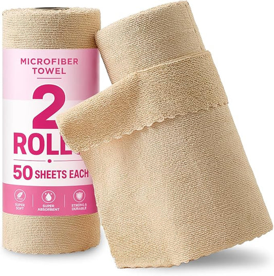 Jessy Home 2 Roll Reusable Paper Towels,100 Sheets Tear Away Microfiber Cleaning Cloth, Lint Free Cleaning Rags for Kitchen, Dishcloth,Household Cleaning Supplies