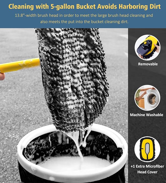 YeewayVeh Car Wash Brush Mop, 55" Long Handle, 15° Curved, Yellow & Black | Extra Microfiber Mop Head, Extension Pole, Scratch-Free Auto Cleaning Kit for Truck, SUV & RV