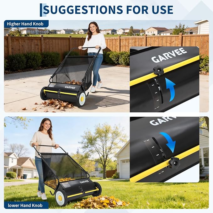 Garvee 26 Inch Push Lawn Sweeper, Leaf and Grass Collector with 7 Cu.ft Mesh Bag, 4 Spinning PP Brushes, Durable Steel Construction, Adjustable Height & Rubber Tires for Yard Cleanup