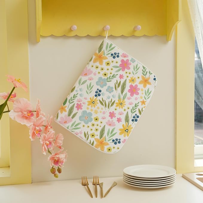 Spring Dish Drying Mat 18x24 Inches For Kitchen Counter Absorbent Pink Yellow Floral Kitchen Decoration Summer Colorful Flower Drying Mat Pad For Home Kitchen,Dining Room,Office Decor