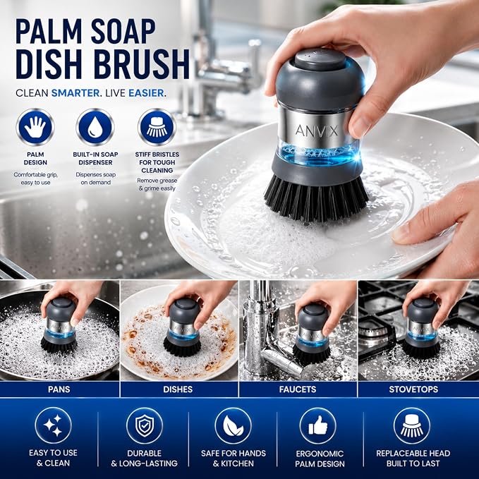 Soap Dispensing Palm Brush 2 Pack, Dish Scrubber with Built in Soap Dispenser, Stainless Steel Body, Replaceable Brush Head, Non Scratch Nylon Bristles for Dishes, Pots, Pans, Nonstick Cookware