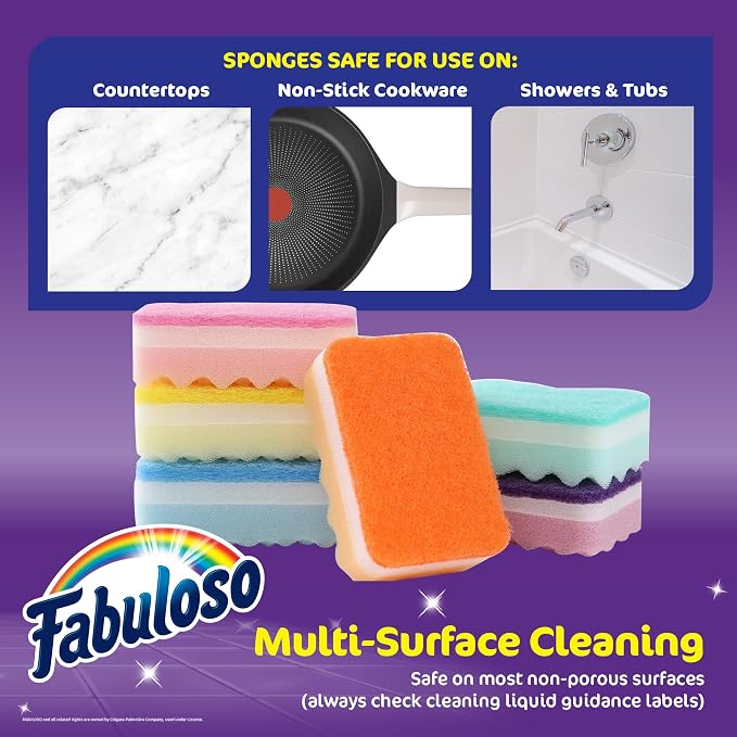 Fabuloso Scratch-Free Kitchen Dish Sponges Rainbow Cellulose Scrubber Sponge with Scouring Pad Dishes Pots Pans Counters and Sinks Tough on Messes 4.25 x 2.75 x 1.25 in 6 Count Single Pack Supply