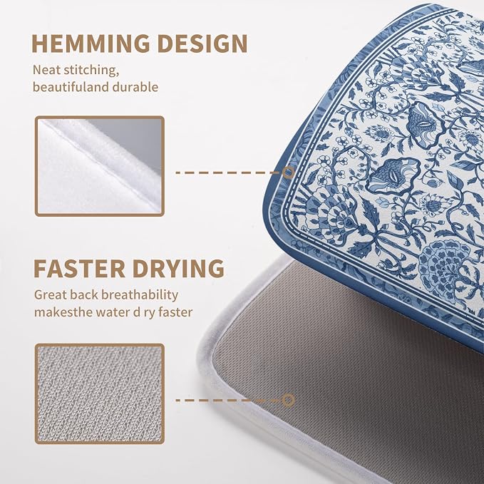 Blue Floral Dish Drying Mat for Kitchen Counter Boho Flowers Dishes Drainer Mats Rustic Farmhouse Microfiber Absorbent Dish Draining Spring Summer Reversible Dish Rack Pad 16x18 Inch