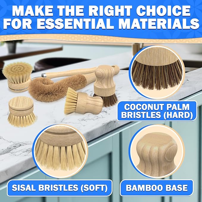 5 Pcs Bamboo Dish Brush Set, Non-Scratch Bristles, Replacement Head | Bamboo Dish Scrubber for Pots, Bottles & Vegetables; Soft for Delicate, Stiff for Stuck-On Messes; Bottle Brush Included