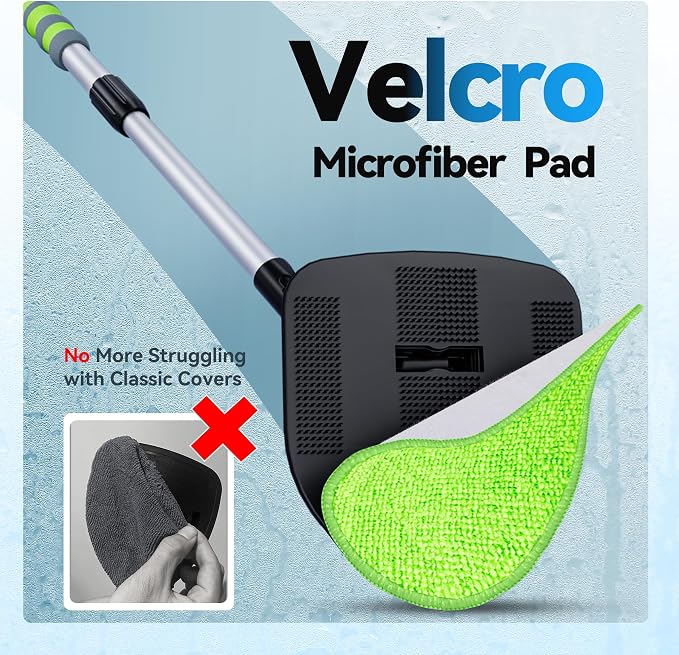 XINDELL Interior Windshield Cleaner Tool, Car Window Cleaning Kit with 4 Reusable Microfiber Pads, Extendable Handle & 360° Rotating Head, Safety Hammer, Streak-Free Auto Glass Wiper for Truck SUV RV