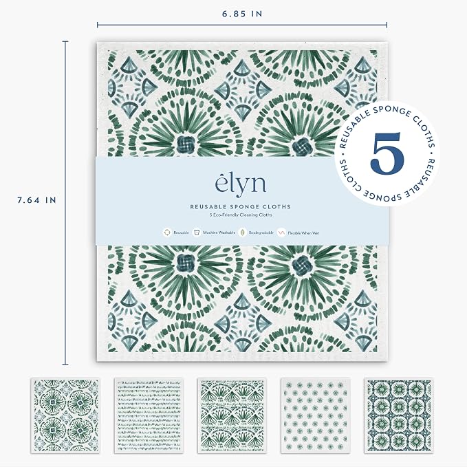 ELYN Swedish Dishcloths, Reusable & Washable Sponge Cloths, Absorbent Cleaning Paper Towels for Kitchen, Dishes, Counters and More, 5 Pack, Assorted Bohemian Patterns