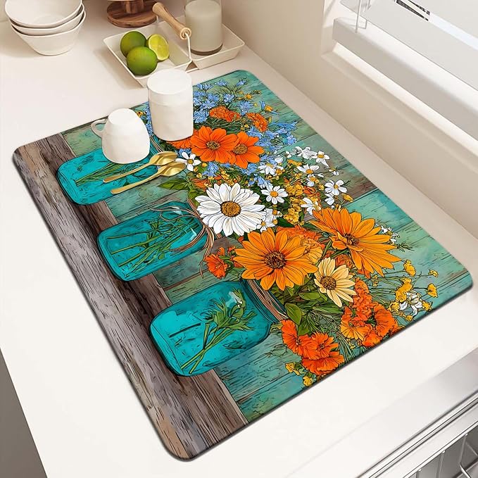MCALK Floral Vases Dish Drying Mat for Kitchen Counter, Fall Wooden Dish Drying Pad with Anti-Slip Rubber Base, Absorbent Kitchen Sink Mat with Farmhouse Decor (1 pc 18" x 16")