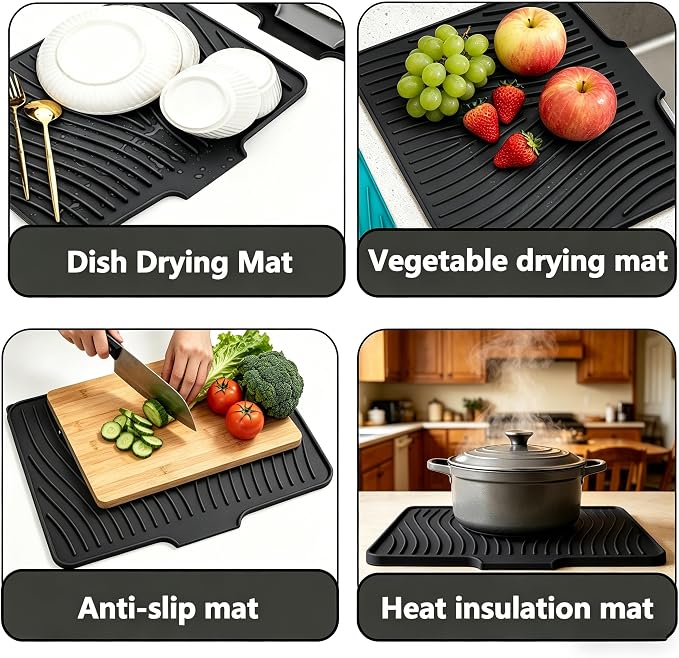 EBIGIC Silicone Dish Drying Mat, 19.7"*17" Dish Drying Pad,Kitchen Accessories,with Built-In and Non-Slip Drain,Easy Clean, Fit for Kitchen, Bar, RV, Refrigerator and Drawer Liner, Black