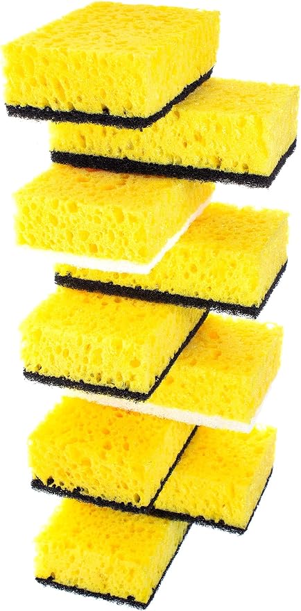 Yellow Multi Use Scrub Sponge. Made in Europe. 9 Pack, 4.3x2.8x1.4 inches. Odorless Heavy Duty and Non Scratch Fiber. Durable and Delicate Scrubber for Hard Dirty Surfaces in Daily Cleaning