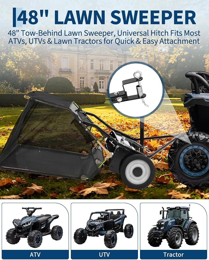 Garvee Tow Behind Lawn Sweeper 48 Inch, Heavy Duty Leaf & Grass Collector | Yard Sweeper Pull Behind,16 cu.ft. Leaf Collector,Tool-Free Adjustable Brush Height,Dumping Rope for Yard,Driveway,Sidewalk