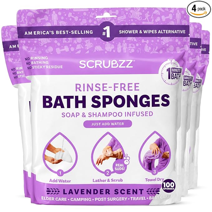 Scrubzz Disposable No Rinse Bathing Wipes - All-in-1 Single Use Shower Wipes, Simply Dampen, Lather, and Dry Without Shampoo or Rinsing (Lavender, 4-Pack)