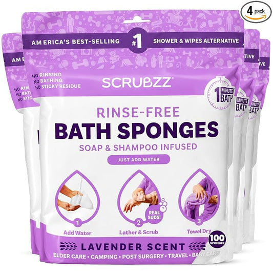 Scrubzz Disposable No Rinse Bathing Wipes - All-in-1 Single Use Shower Wipes, Simply Dampen, Lather, and Dry Without Shampoo or Rinsing (Lavender, 4-Pack)