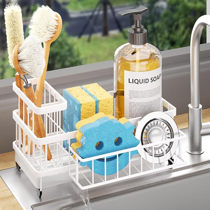 Consumest Sponge Holder for Kitchen Sink - Auto Draining Sink Caddy Organizer with Detachable Rack, High Brush Holder, Kitchen Countertop Storage Accessories, White