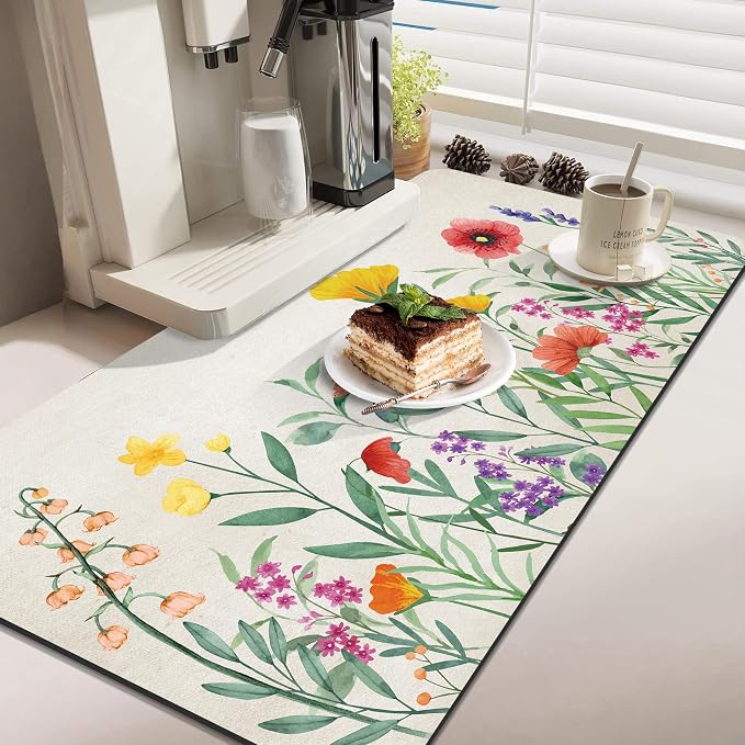 LOKHOM Dish Drying Mat for Kitchen Counter, 17"x32" Absorbent Coffee Bar Mat with Spring Floral, Dish Drainer Rack Mat for Kitchen Counter