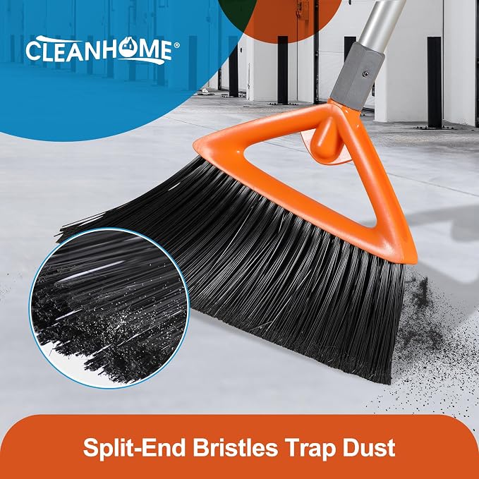 CLEANHOME Heavy Duty Outdoor Broom and Dustpan Set with Long Handle | Long Handle, Standing Dustpan & Split-End Bristles for Patio, Garage, Deck, Leaves Debris Cleaning