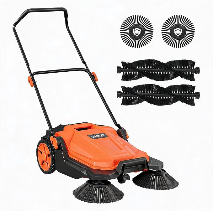 Professional Walk-Behind Push Floor Sweeper, 25.6" Manual Non-Electric Sweeper with Large Capacity Dustbin,Adjustable & Foldable Handle