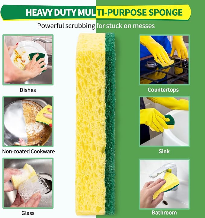 Heavy Duty Sponges, 12 Pack Cellulose Scrub Sponge, Dual-Sided Kitchen Sponge, Multipurpose Sturdy Ergonomic Design for Kitchen Dishwashing, Uncoated Cookware, Sink, and Countertops
