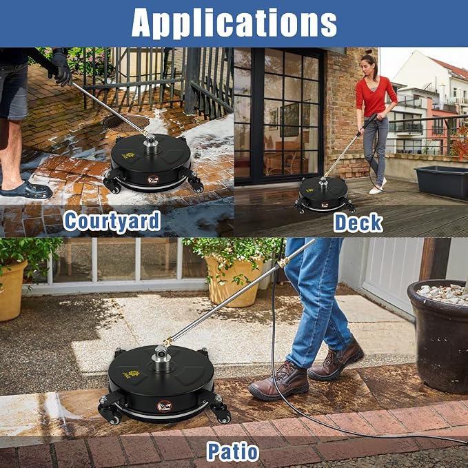 JANZ 14'' Black Pressure Washer Surface Cleaner | 4 Wheels, Stainless Steel Housing, 1/4" Quick Plug, 2 Extension Wands, 2 Replacement Nozzles and 3 Spray Nozzles,4000 PSI
