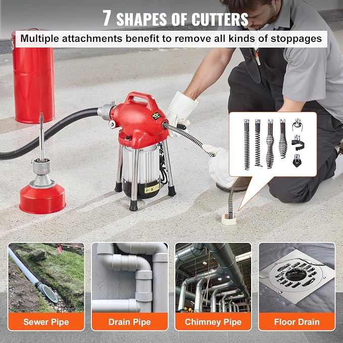 VEVOR Drain Cleaner Machine 120FT x 5/8 Inch, 370W Electric Sewer Snake Auger Manual Feed - with 2 Sectional Steel Cables(120' x 5/8" and 23' x 3/8"), 7 Cutters and CW/CCW Control for 1.6" to 4" Pipes
