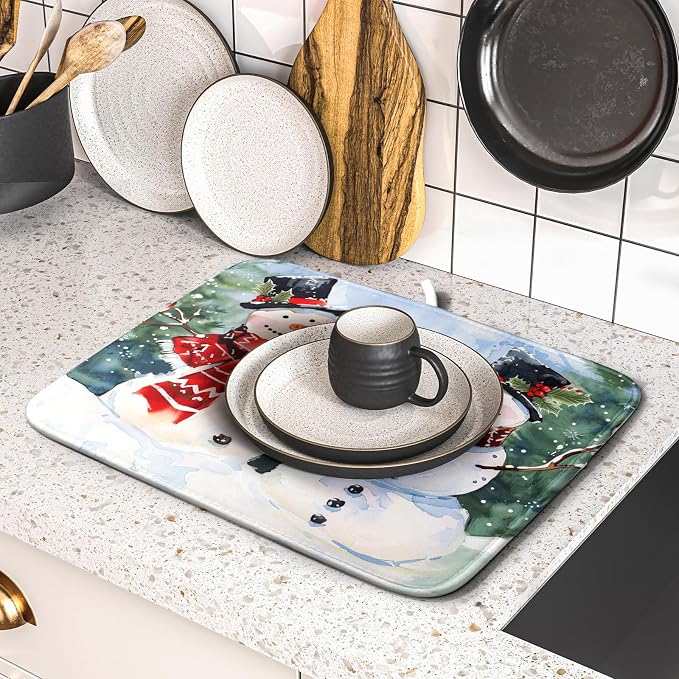 Winter Dish Drying Mat 16 x 18 Inch Xmas Snowman Pattern Dish Drying Pad Absorbent Microfiber Mats for Christmas Dish Rack Pad for Kitchen Counter Coffee Bar Decor
