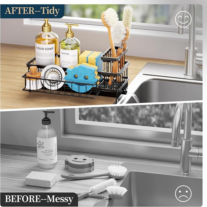 Consumest Sponge Holder for Kitchen Sink - Auto Draining Sink Caddy Organizer with Detachable Rack, High Brush Holder, Kitchen Countertop Storage Accessories, Black-Large