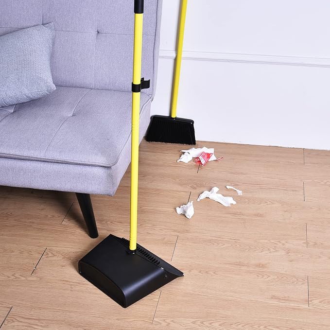 Long Handled Dustpan and Brush, Broom and Dustpan Set, Household Dust pan Combo with 54 Inch Handle for Indoor Outdoor Household Cleaning and Sweeping (Black)