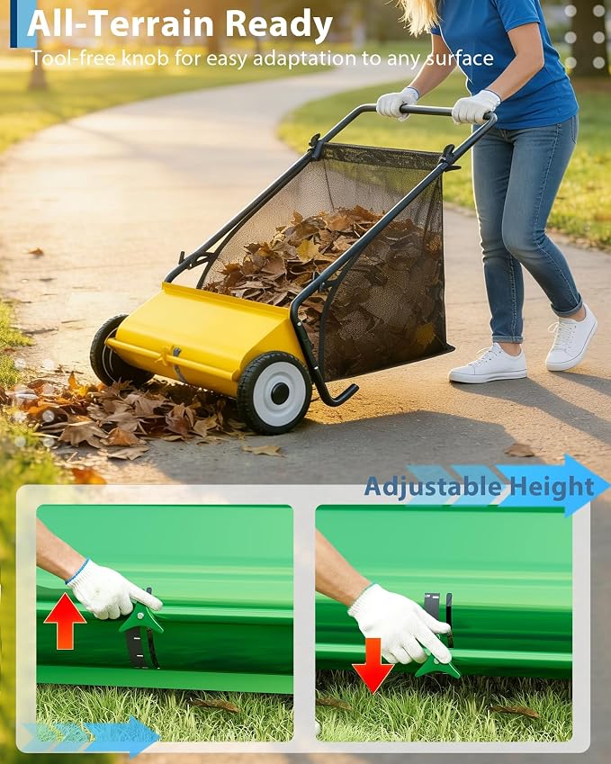 Garvee Push Lawn Sweeper,21-Inch Width Enhanced 4-Brush System with Large 3.5 cu. ft. Hopper Bag, Ideal for Yard and Garden Cleanup, Yellow | Brush Height Adjustment, All-Terrain Suitable, 7 cu.ft Hopper Bag, Durable Steel Frame, Easy Setup, Compact & ...