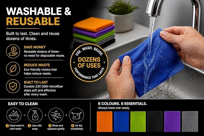 Microfiber Cleaning Cloth – 6 Pack, 230 GSM Ultra Soft Lens Cloth for Glasses, Camera & Screens, Streak-Free, Lint-Free, Scratch-Safe (6x7 Inch)