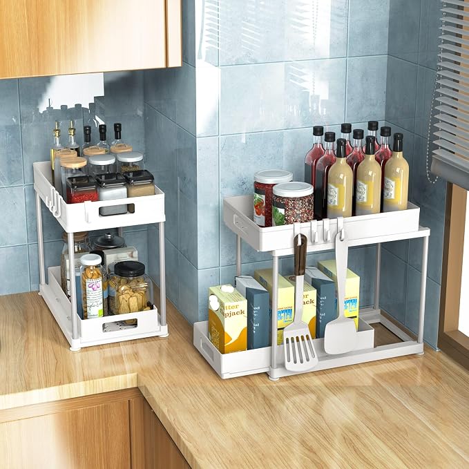 2 Pack Under Sink Organizer with Double Pull-Out Drawer, White | 2-Tier Cabinet Storage, Fits Cleaning Supplies & Toiletries, Space Saving for Small Cabinets, Double-layer Sliding
