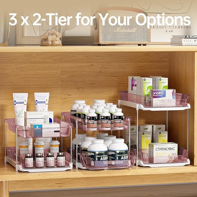 Delamu 2 Pack 3-Tier Bathroom Under Sink Organizers and Storage, Multi-Purpose Stackable Pantry Organization and Storage, Pull Out Clear Kitchen Bathroom Cabinet Organizer with Movable Dividers, Pink