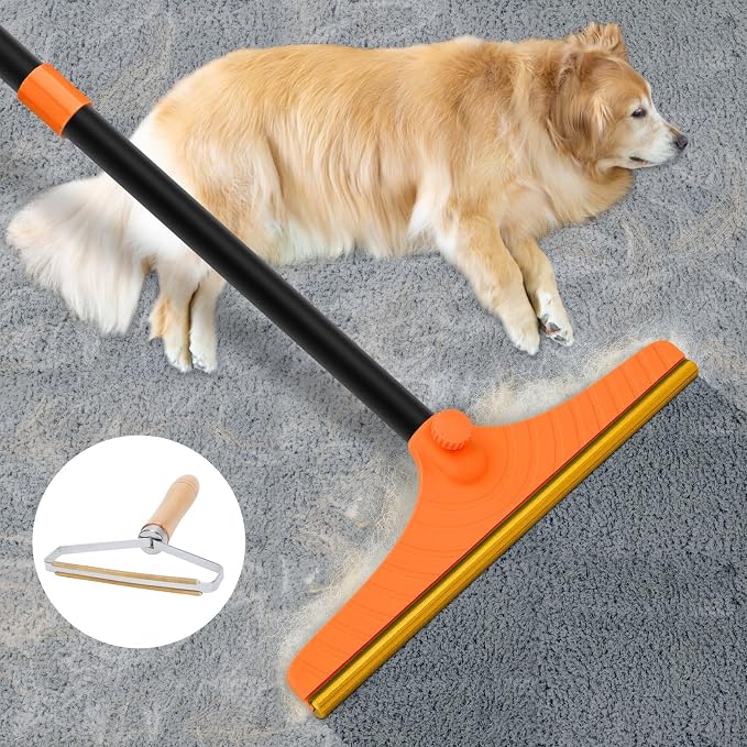 Eaersan Carpet Rake for Pet Hair Removal - Reusable Pet Hair Remover, 60” Adjustable Long Handle Cat Dog Carpet Rake Scraper, Dog Hair Rake Brush for Rugs, Mats, Couch
