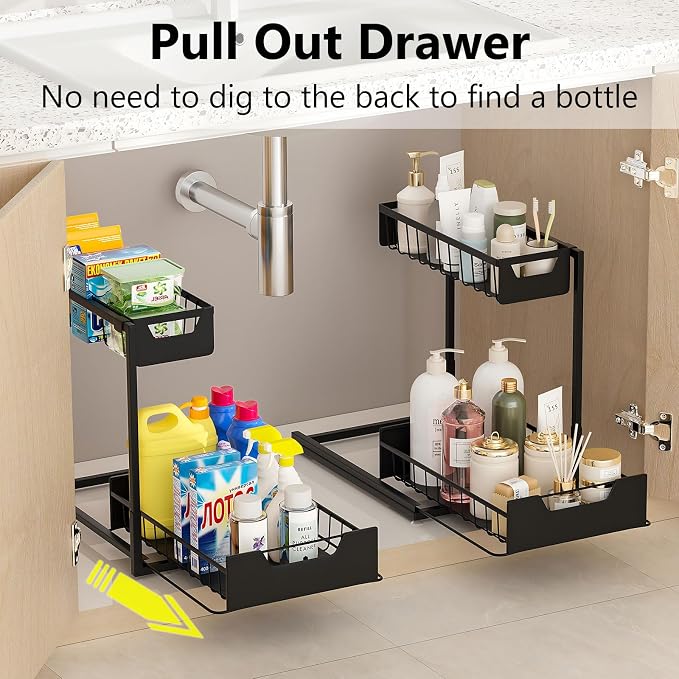 Ceetug Under Kitchen Sink Organizers and Storage, Black, 2 Pack | Slide Out Drawer, L-shape, 2 Tier, Cabinet Organizer for Kitchen Bathroom